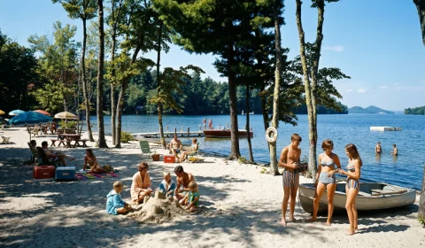 The beach at the Brook and Bridle Inn on Lake Winnipesaukee, Wofeboro, NH, 1970